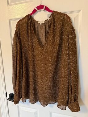 Vince Pleated Brown Ivory Print Blouse Long Sleeve Size Large
